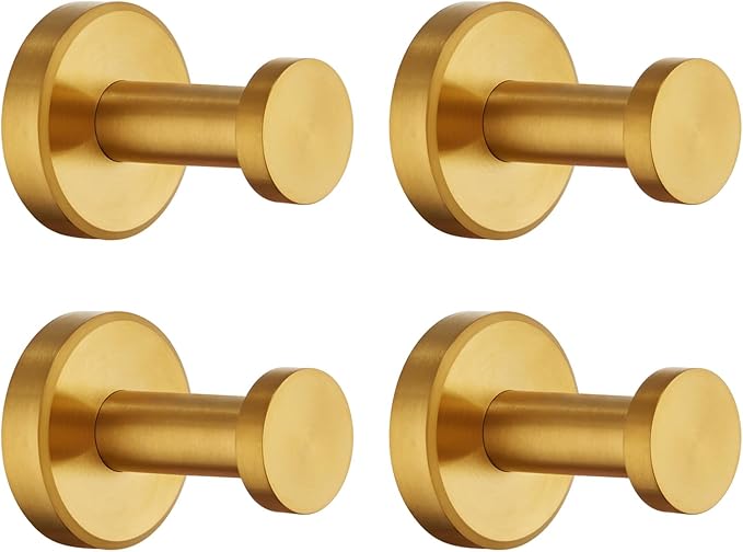 APLusee Round Robe Towel Hook 4 Pack Brushed Gold, 304 Stainless Steel Coat Utility Hook Bathroom Wall Mount