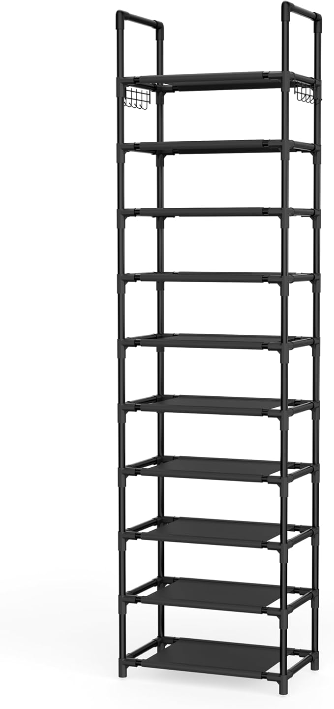 10 Tiers Shoe Rack 20-25 Pairs Large Capacity Tall Shoe Organizer Sturdy Shoe Storage with Two Hooks Metal Narrow Shoe Rack for Closet, Entryway, Bedroom, Black-NeatNest