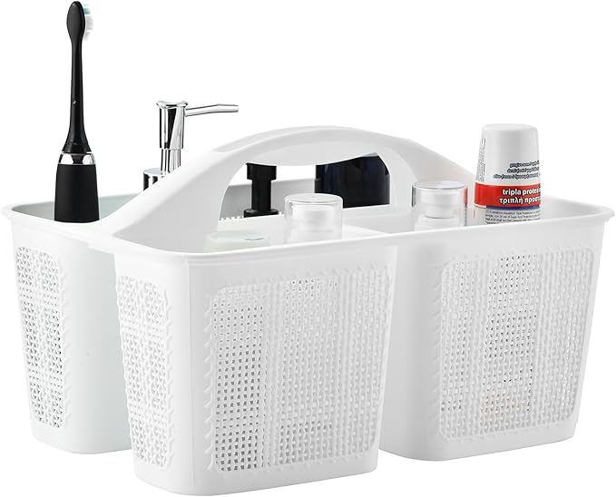 Plastic White Shower Caddy Basket, Divided Cleaning Portable Shower Basket with Handle Compartments Storage Organizer for Bathroom, College, Kitchen, Dorm Room Essentials