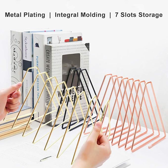 Adjustable 7-Slots Desktop Magazine File Holder, Triangle Metal Wire Book Organizer Rack, File Folder Organizer Sorter, Vinyl/Magazine Storage, Display Rack for Decoration/Office (Black)