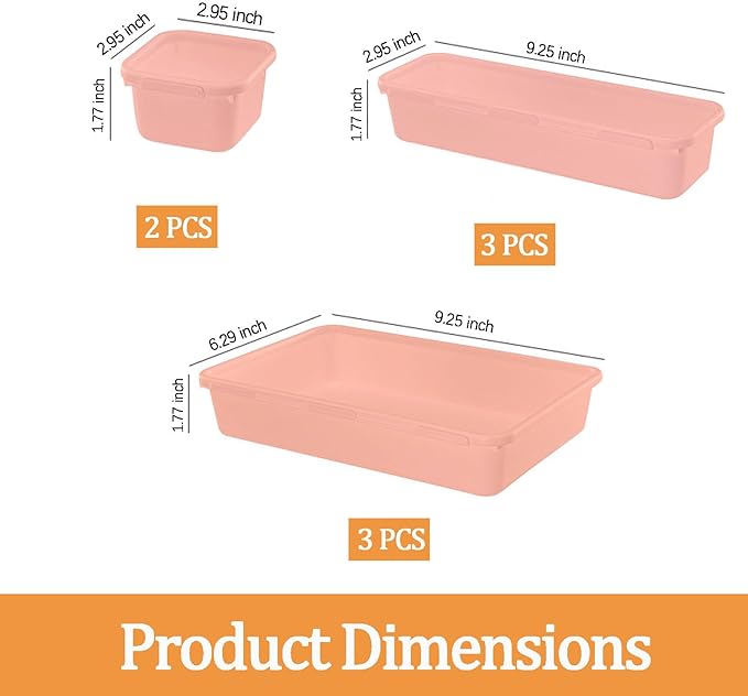 8 Pcs Desk Drawer Organizers, 3 Size Plastic Vanity and Bathroom Drawer Organizer Trays, Storage Bins for Makeup, Utensils, Jewelries, Office and Kitchen (Pink)-NeatNest