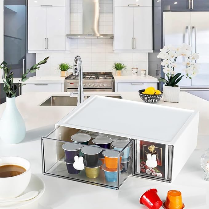 Cupboard Organizers, Tea Box with 2 Drawers, Kitchen Storage Box for Tea Bags, Coffee, etc. Storage Rack for Kitchen/Bathroom/Dressing/Office, etc.(white-2drs)-NeatNest