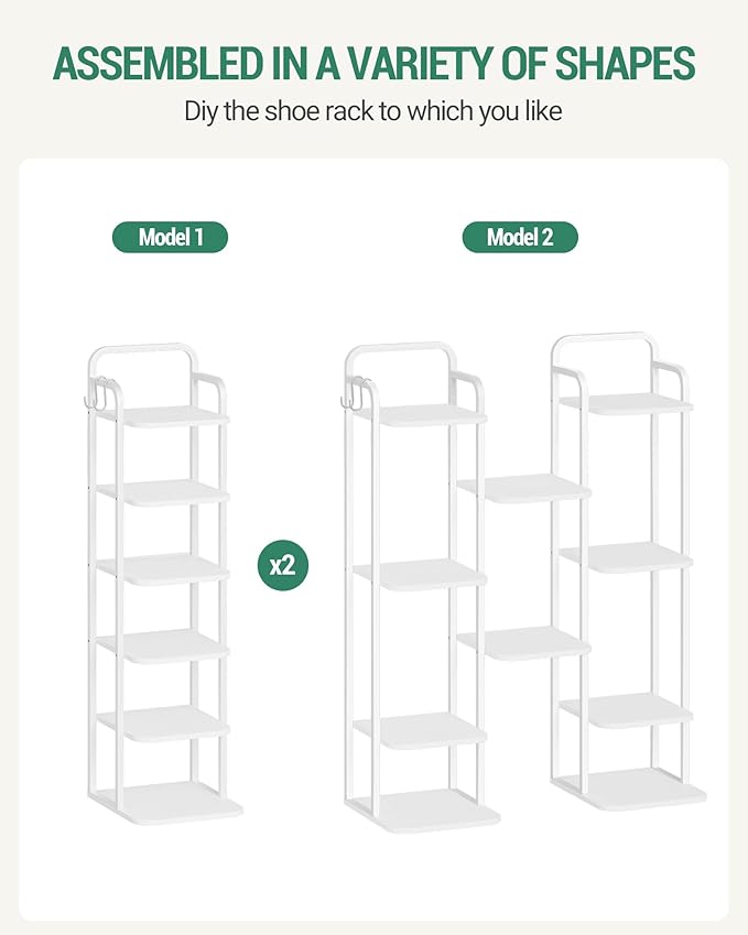 6 Tiers Vertical Shoe Rack, Narrow Shoe Tower, Tall Shoes Shelf with 2 Hooks, Adjustable Shelves, Corner Shoes Shelves for Small Spaces, Entryway, Living Room, White SR04213W-NeatNest