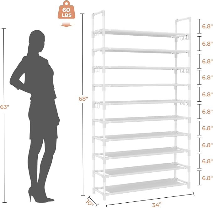 Tall Shoe Rack 10 Tier Shoe Organizer Large Shoe Shelf with 18 Hooks Storage for 50 Pair Sneaker and Boot, Stackable Vertical Shoe Rack Organizer for Closet, Entryway, Bedroom, White-NeatNest