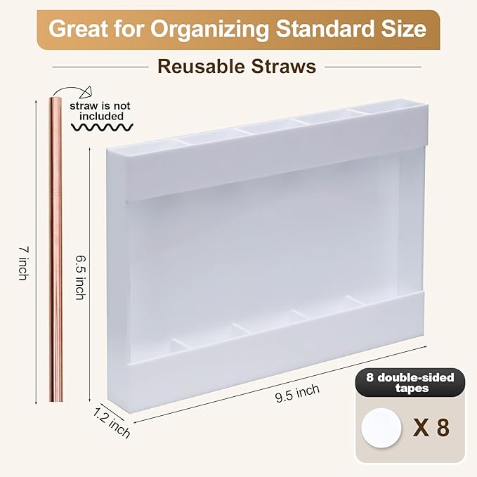 Acrylic Straw Holder Dispenser with Double Sided Adhesive Tape Reusable Tumbler Lid Straw Organizer Storage Container for Counter Cabinet Cupboard Kitce (White)