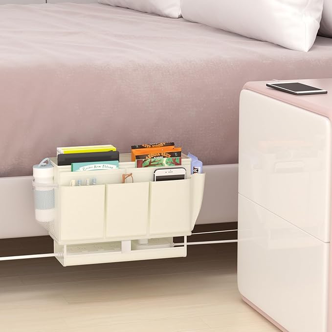 Bedside Caddy Bedside Organizer,Bed Caddy with 11 Pockets and Power Strip Holder,Versatile Bedside Storage Caddy for Home,Dorm,Bunk,Hospital,Crib Bed (White)-NeatNest
