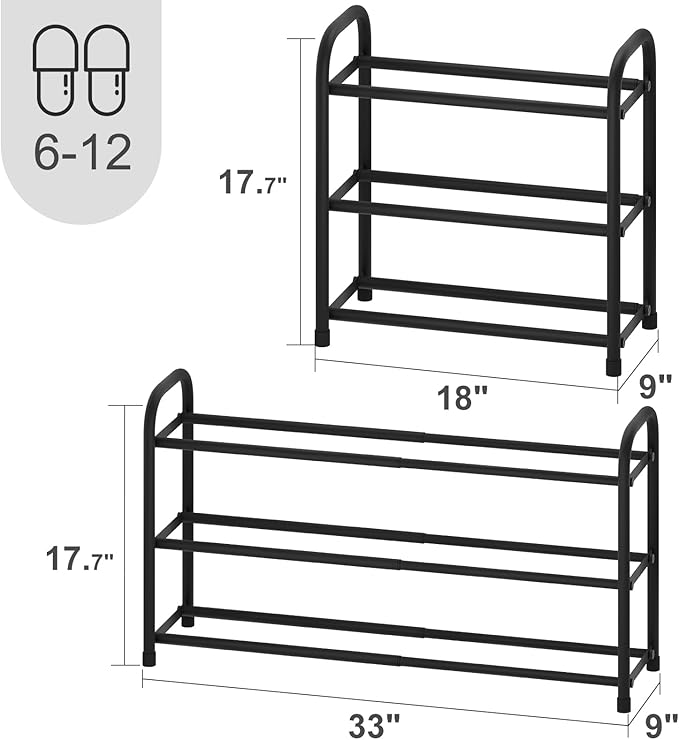 Expandable Shoe Rack, Adjustable Shoes Organizer Metal, Space-Saving Storage Shelf for Closet, Entryway, Front Door & Hallway,Sturdy and Easy Assembly (Black, 3-Tier)