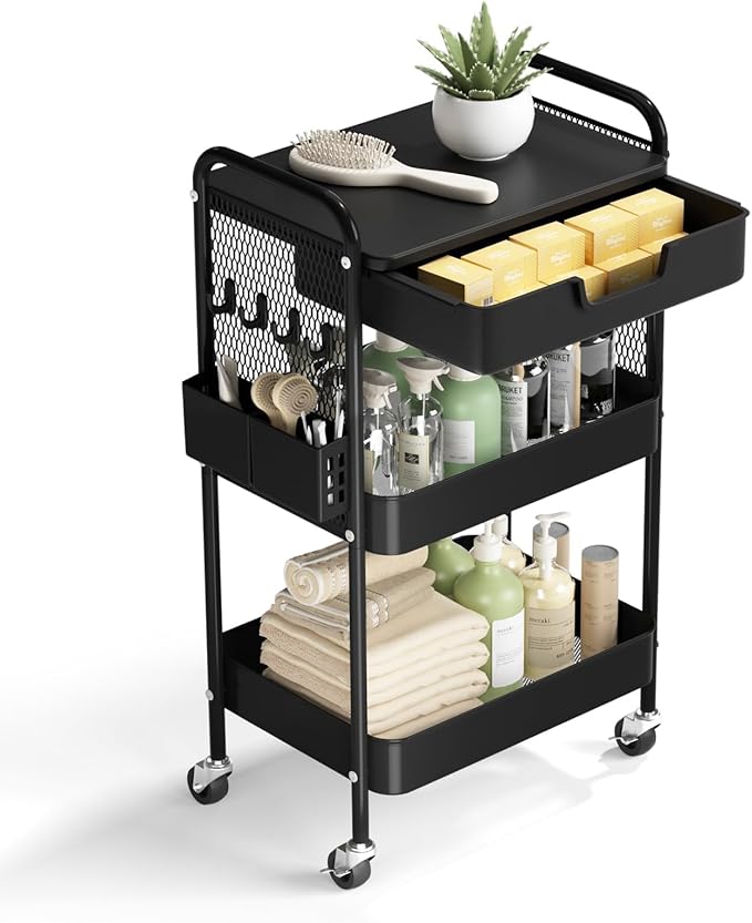 3 Tier Rolling Cart with Drawer, Metal Rolling Utility Cart on Wheels with Pegboard, Art Cart Storage Organizer with Tabletop for Living Room, Office, Bedroom (Black)-NeatNest
