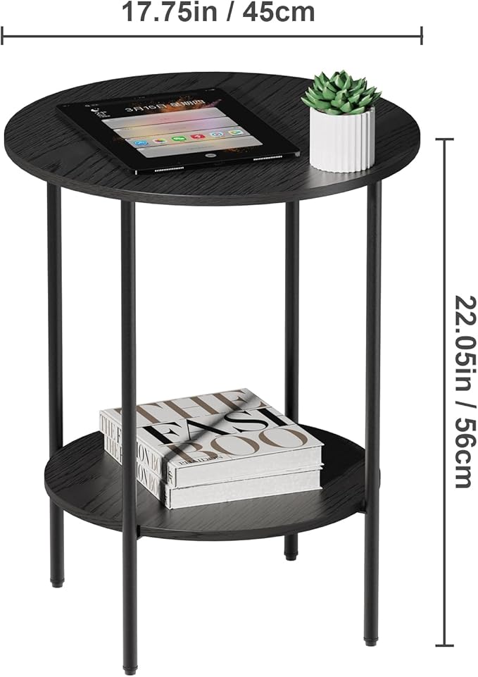 Side Table,Round End Table with 2 Storage Shelves| Compact Side Tables for Living Room, Couch, Office & Bedroom | Narrow Accent Table as Space-Saving Small Bedside Table 18x18x22in(Black)