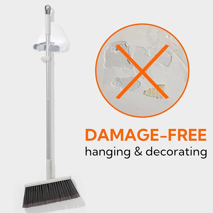 hookay 10lbs Broom and Mop Grippers, Damage-Free Hanging Wall Mount Broom Holder, No Tools Removable Hanging Organizer for home organization, Holds up to 10 lb, 2 Hangers and 6 Adhesive Strips-NeatNest