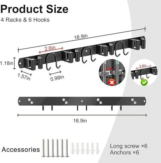 Broom Holder Wall Mount, 2 Packs Black Stainless Steel Tool Storage Organizer for Kitchen Garden Garage Laundry Room Bathroom and RV with 4 Slots 6 Hooks-NeatNest