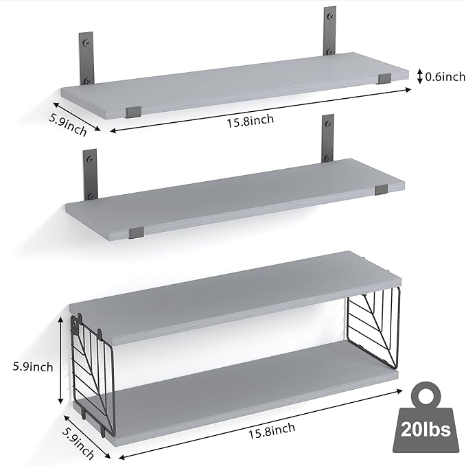 Fixwal 3+1 Tier Bathroom Floating Shelves Over Toilet, 15.8in Farmhouse Rustic Wood Shelves, Wall Decor for Bathroom, Living Room,Bedroom and Kitchen (Gray)-NeatNest