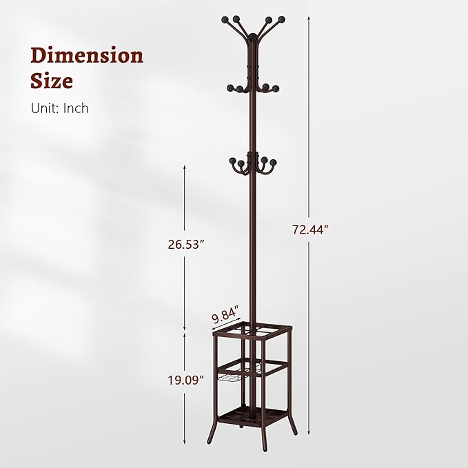 FAVOOSTY Coat Rack Freestanding,Coat Rack Stand with Umbrella Holder,Metal Coat Tree with 12 Hooks,Tree Clothes Hat for Entryway, Hallway, Bedroom, Living Room & Office -Brown-NeatNest