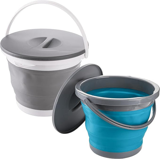 Bekith 2 Pack Collapsible Plastic Bucket with Locking Lid, 5L / 1.32 Gallon Foldable Round Tub Portable Fishing Water Pail for Hiking, Backpacking, Camping and Outdoor Survival (Blue, Gray)-NeatNest
