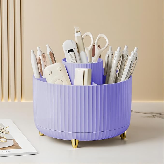 DASITON Large Capacity Makeup Brush Holder,360° Rotating Makeup Organizer,5 Slot Makeup Brushes Cup,for Vanity Decor,Bathroom Countertops,Desk Storage Container,Cosmetic Display cases(Purple)-NeatNest