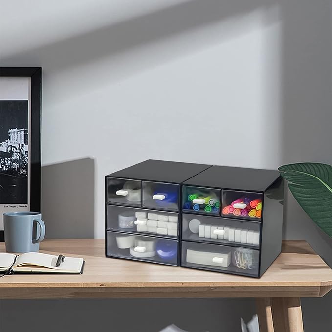Desk Organizer with Drawer, Desk Storage Box, Plastic Office Stationery Supplies Organizers, Desktop Organizer for Office School Home (4 drawer, Black)-NeatNest
