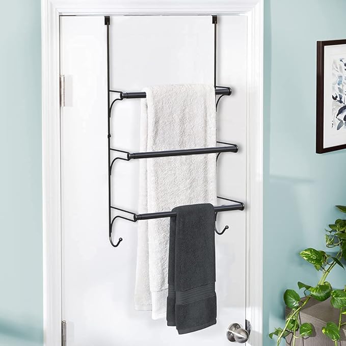 Auledio Adjustable Over The Door Triple Towel Rack with Hooks,Black