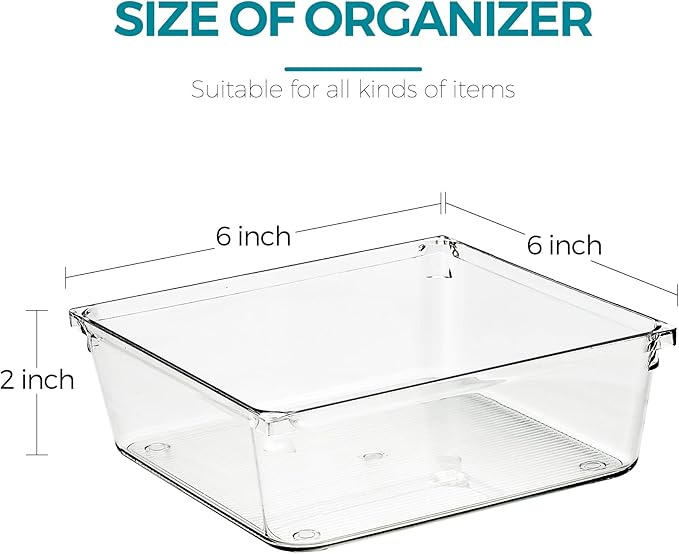 12 Pack Drawer Organizer - 6" X 6" Clear Acrylic Storage Bins with Non-Slip Pads, Versatile Desk Tray for Makeup, Jewelry, Kitchen, Bathroom, and Office Organization-NeatNest