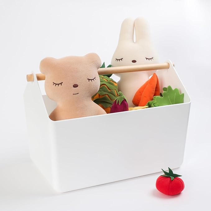 BLUE GINKGO Large Storage Basket – Plastic Caddy with Wooden Handle for Bathroom, Pantry, or Cleaning Supplies (White)-NeatNest