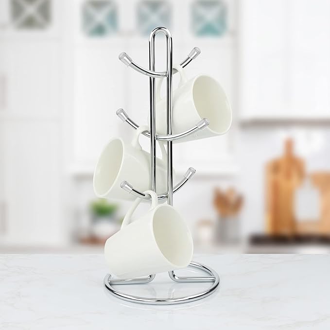 FitWell Mugs Holder, Mug Tree, Coffee Cup Holder, Coffee Mug Tree, Mug Organizer for Cabinet, Mug Holder Stand, Coffee & Tea Cup Storage Rack (Chrome, 6 Mugs (15"H))-NeatNest