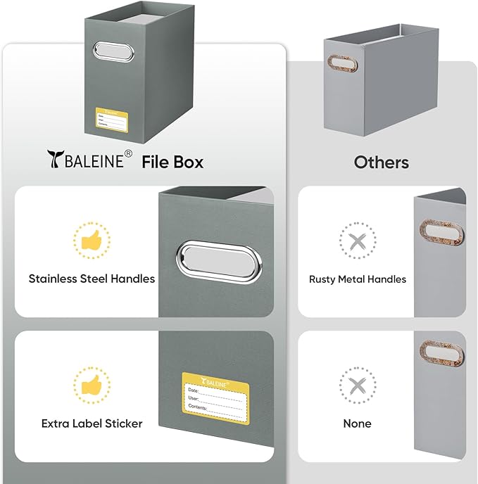 BALEINE File Organizer Box, Cardboard File Folder Organizer with Handle for Letter Size, Portable Collapsible Hanging Filing Box for Home Office Document Storage (4 Pack, Grey)-NeatNest