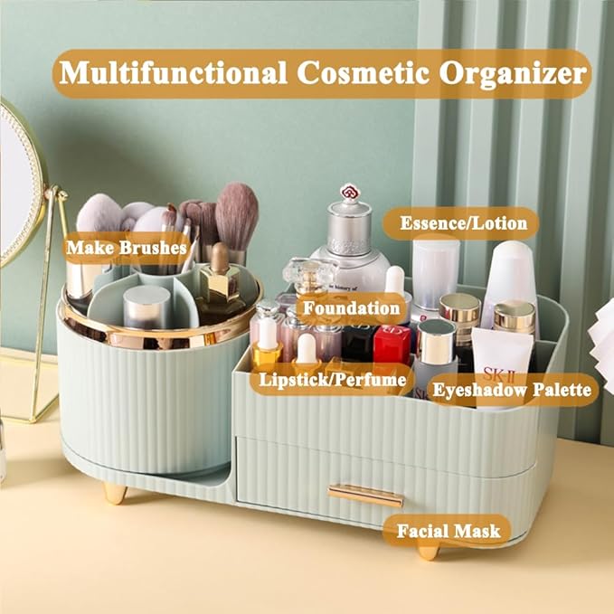 Makeup Organizer Countertop with Drawer 360 Rotating Brush Holder Storage Large Capacity Skincare Cosmetic Display Cases for Vanity Bathroom Desktop, Model 3016 Green-NeatNest