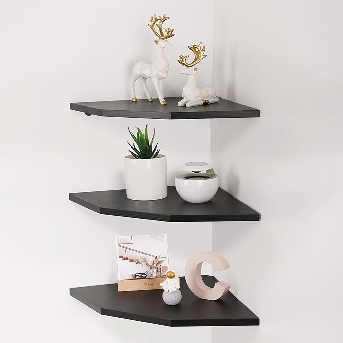 Corner Wall Shelves, Wood Corner Floating Shelves with Cable Raceway, Wall Mount Storage Display for TV Accessories, Monitor, Speaker, Cable Box, Game Console (Black, Diamond- 12 Inch)-NeatNest