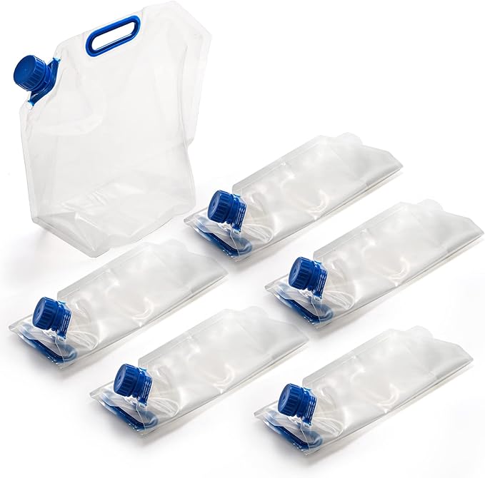 AVLA 6 Pack Collapsible Water Container Bag, 1.5 Gal Clear Plastic Foldable Storage Jug, No-Leak Freezable Camping Carrier Tank, Folding Hiking Hydration Canteen for Outdoor Sport Riding Mountaineer