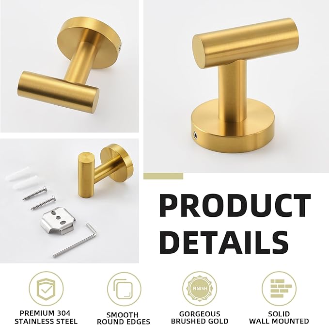 APLusee Robe Towel Hook, SUS 304 Stainless Steel Modern Home Storage Coat Hanger, Brushed Gold Wall Hook for Bath Toilet Kitchen Garage