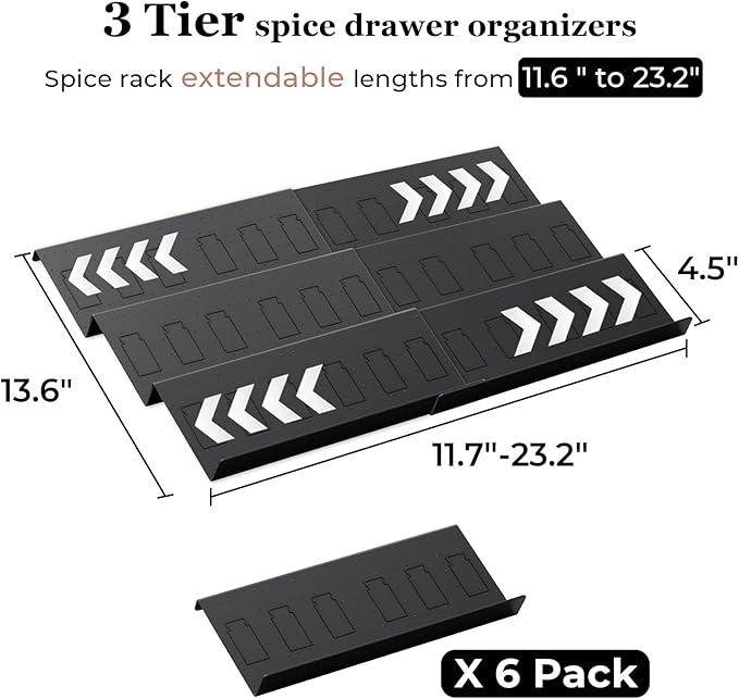 Famhap 6 Pack Spice Drawer Organizer with Labels and 36 Plastic Jars, Expandable from 11.7" to 23.2" Seasoning Rack Tray Insert for Kitchen Drawers, Spice Rack Drawer for Spice Jars-NeatNest