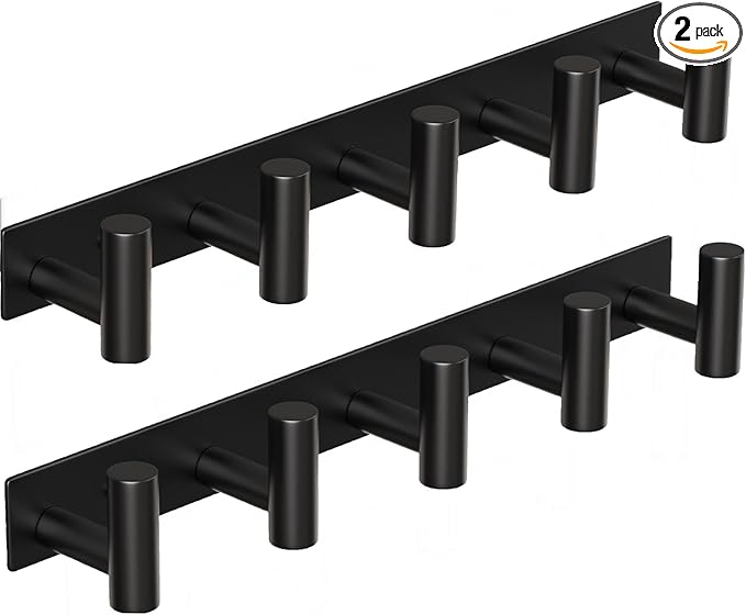 Coat Rack Wall Mounted with 5 Hooks,Metal Wall Hooks for Hanging Towel Coat Bag, Stainless Steel Coat Hooks Hat Rack Coat Hanger Towel Hooks for Entryway Bathroom Kitchen (Black, 2 Packs)-NeatNest