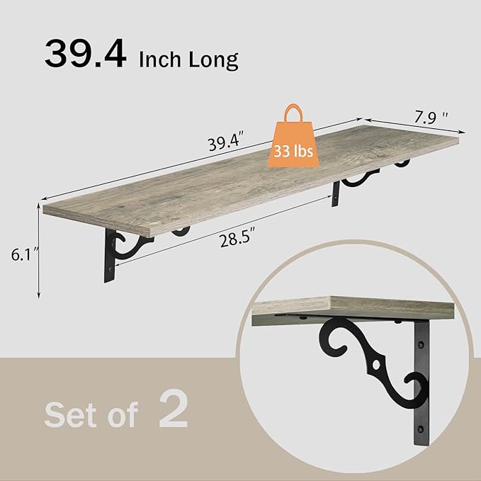 DINZI LVJ Long Wall Shelves, 39.4 Inch Large Floating Shelves Set of 2, Wide Display Shelf Wall Mounted with Brackets, Easy Hanging for Living Room, Toilet, Office, Bedroom, Gray Wash-NeatNest