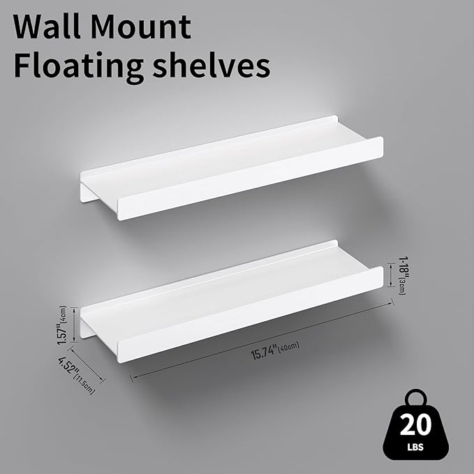 Floating Shelves for Wall, Wall Mounted Shelves with Lip for Storage, Metal Display Shelves for Home Decor, Kitchen/Living Room/Bedroom/Bathroom Shelf, White 16 inch 2 Pack-NeatNest
