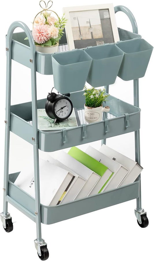 danpinera 3-Tier Rolling Cart, Metal Rolling Storage Cart with Lockable Wheels & Hanging Cups & Hooks, Mobile Trolley Cart for Kitchen, Bathroom, Office, Workshop, Gray Blue-NeatNest