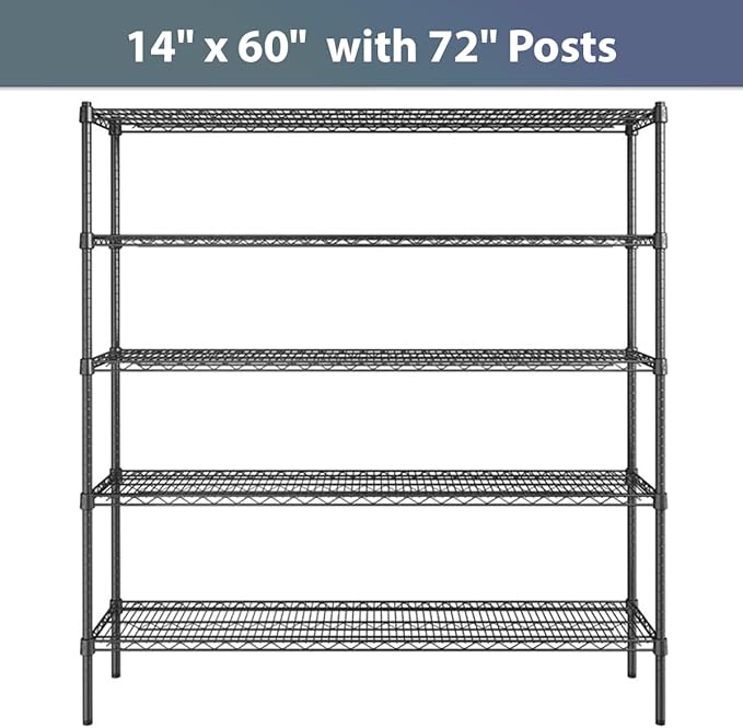 14" x 60" NSF Black Epoxy 5-Shelf Kit with 72" Posts, Commercial Storage Rack Unit, Heavy Duty Storage Shelving, Wire Shelving Kit, Adjustable Rack Strong Steel, Multipurpose Wire Shelf