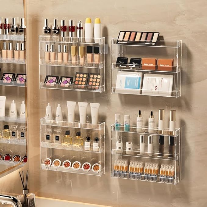 3 Layers Makeup Organizer Wall Mounted, Acrylic Invisible Floating Shelves with Anti-Slip Adhesive Backing, Sunglasses Display Rack, Nail Polish Storage, Clear (1 Pack)-NeatNest