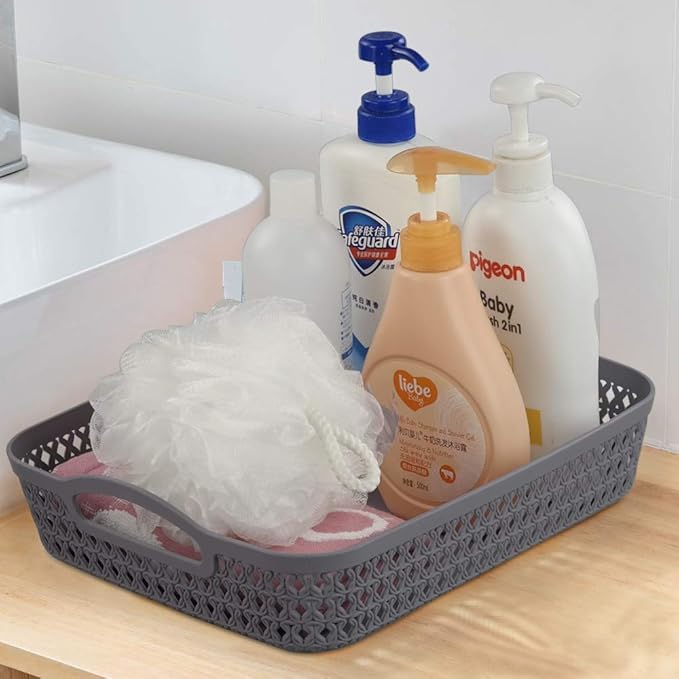 Kekow Plastic Storage Tray Basket with Handle, Set of 6, 13.22" x 10.23" x 2.95", Gray-NeatNest