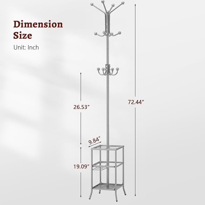FAVOOSTY Coat Rack Freestanding,Coat Rack Stand with Umbrella Holder,Metal Coat Tree with 12 Hooks,Tree Clothes Hat for Entryway, Hallway, Bedroom, Living Room & Office - Silver Grey-NeatNest