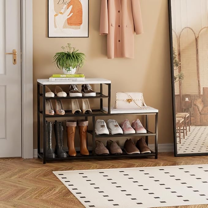 Shoe Rack Bench for Entryway,Free Standing Shoe Storage Organizer for Front Door Entrance,Boot Rack Holder Shelf for Closet with Seat,Sturdy Shoe Shelves for High Heels, Hallways,White Marble-NeatNest