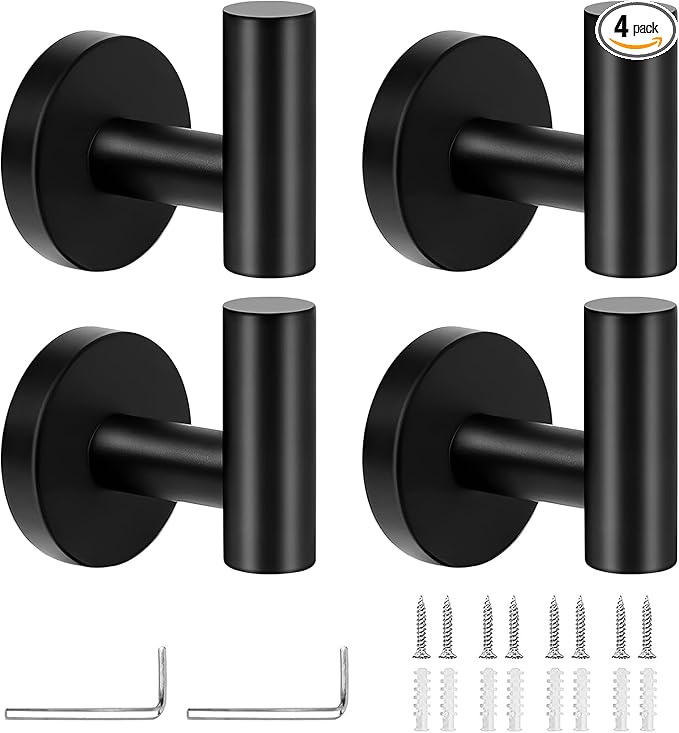 4PCS Bathroom Towel Hook, Black Coat Robe Hook Matte Black, Stainless Steel Wall Hook for Bathroom Bedroom Kitchen Cabinet Closet Hotel, Heavy Duty Drill-Installed Door/Wall Hanger