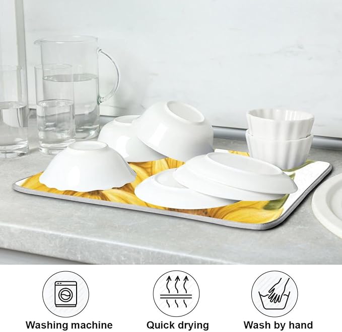 Absorbent Dish Drying Mat for Kitchen Counter - Watercolor Lotus Microfiber Drying Pad, Reversible Drainer Mats for Countertop, Large 18" x 24"