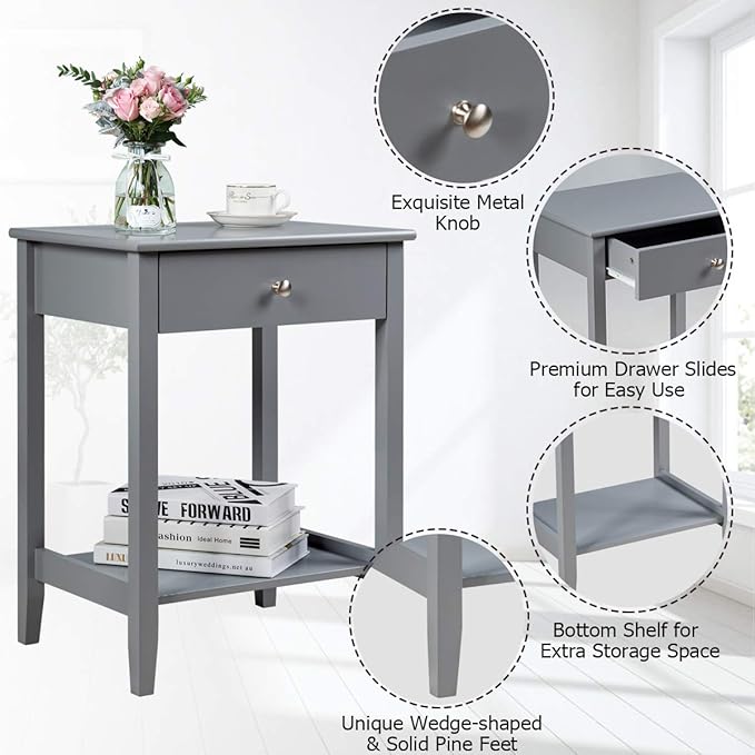 Giantex Nightstand Wooden 2-Tier Couch Sofa Side Table with Drawer, Storage Shelf, Solid Wood Legs,Mufti-Functional Home Furniture for Living Room Bedroom Study Room End Table (2, Gray)