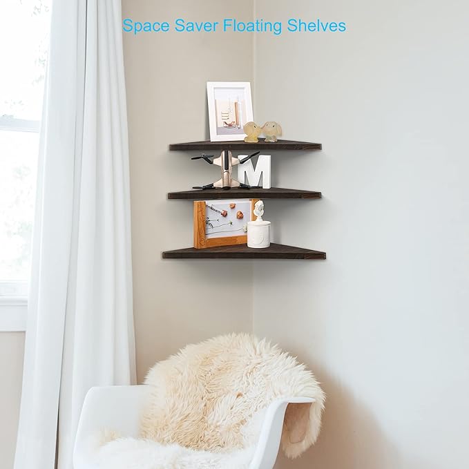 Joiishom Corner Wall Shelf Set of 3, Floating Corner Shelves, Rustic Wood Wall Storage Display Shelves for Living Room, Bedroom, Bathroom, Kitchen (Dark Brown)-NeatNest