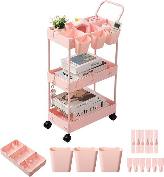 danpinera Slim Storage Cart, 3 Tier Narrow Rolling Cart on Wheels Bathroom Organizer with Dividers Handle Hanging Cups Hooks for Laundry Room Kitchen Small Spaces, Pink-NeatNest