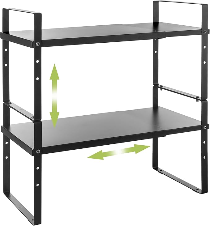 Expandable Cabinet Shelf Organizer Rack, Stackable Kitchen Counter Storage Shelves Stand, Adjustable Height Pantry Shelf Spice Rack (Black, 2 Pack)-NeatNest