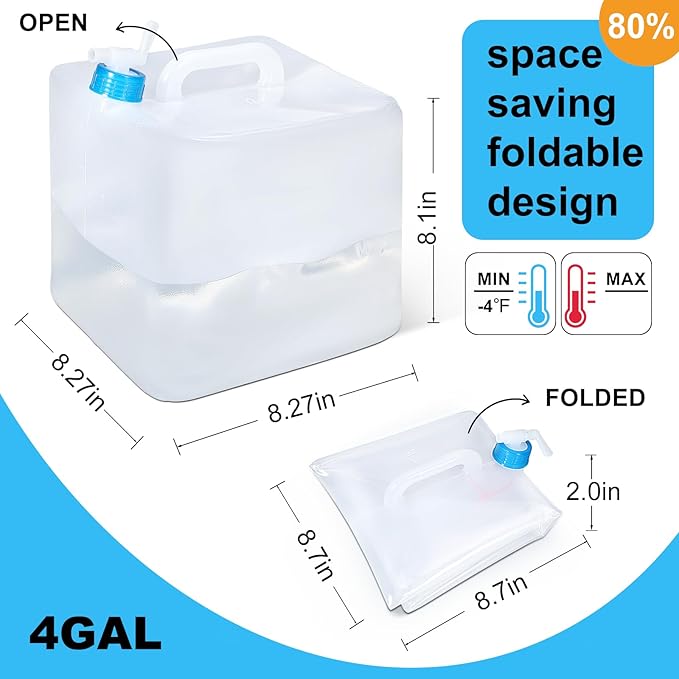 2 Pack Collapsible Water Container with Spigot, Foldable Cube Water Jugs Portable Water Storage for Outdoors Camping Hiking Disaster Preparedness & Survival Gear 1.4/2.6/4/5.3 Gallon-NeatNest