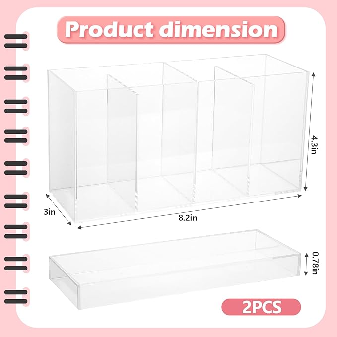 2 Pack 4 Compartment Acrylic Makeup Organizer and Storage with Lid Bathroom Storage with 4 Tray Eyelash Mascara Brushes Organizer Brush Holder for Cosmetics, Cotton Balls or Office Supplies-NeatNest