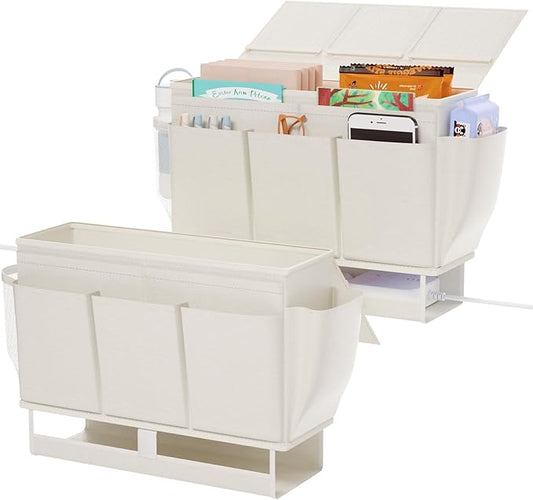 Bedside Caddy, Bed Organizer with 11 Pockets and Power Strip Holder,Versatile Bedside Storage Caddy for Home,Dorm,Bunk,Hospital,Crib Bed (2 Pack White)-NeatNest