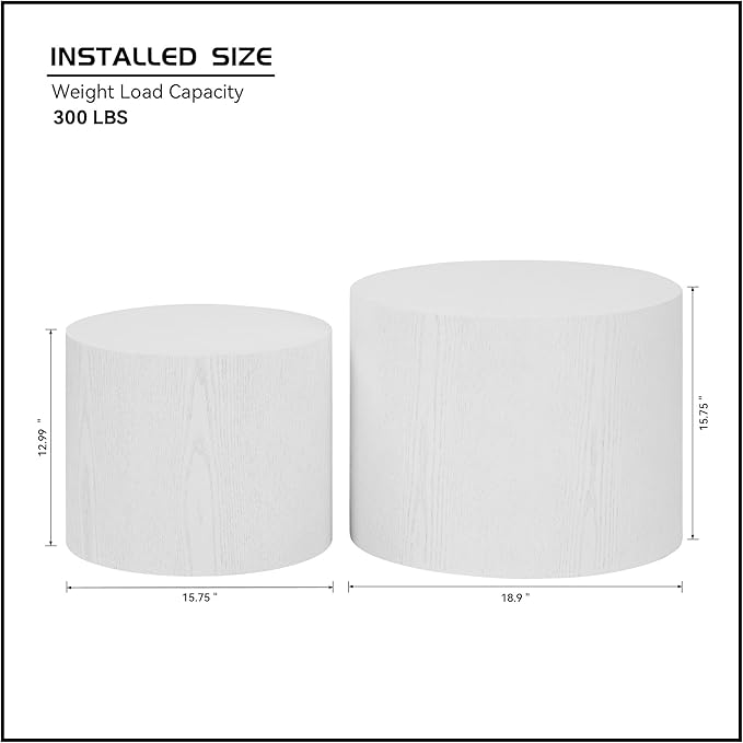 Nesting Coffee Table Set of 2, Round Side Tables Set, Wooden Accent Table, Modern End Tables, Minimalist Circle Table for Small Space Living Room Bedroom, Whitewashed