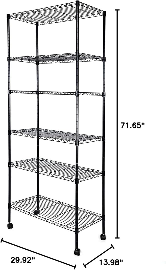 HealSmart Heavy Duty 6-Tier Shelving Units Adjustable, Wire Shelf with 1000 lbs Capacity (250 per Shelf), 77cm D x 36.5cm W x 21.5cm H, Black, 6 Levels, Storage Shelf with Wheels & Leveling Feet